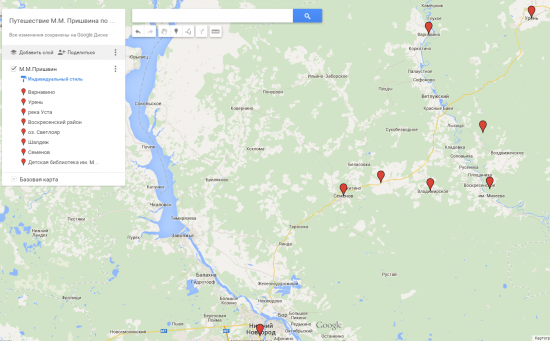 Карта Google Путешествие М.М. Пришвина по Нижегородскому заволжью